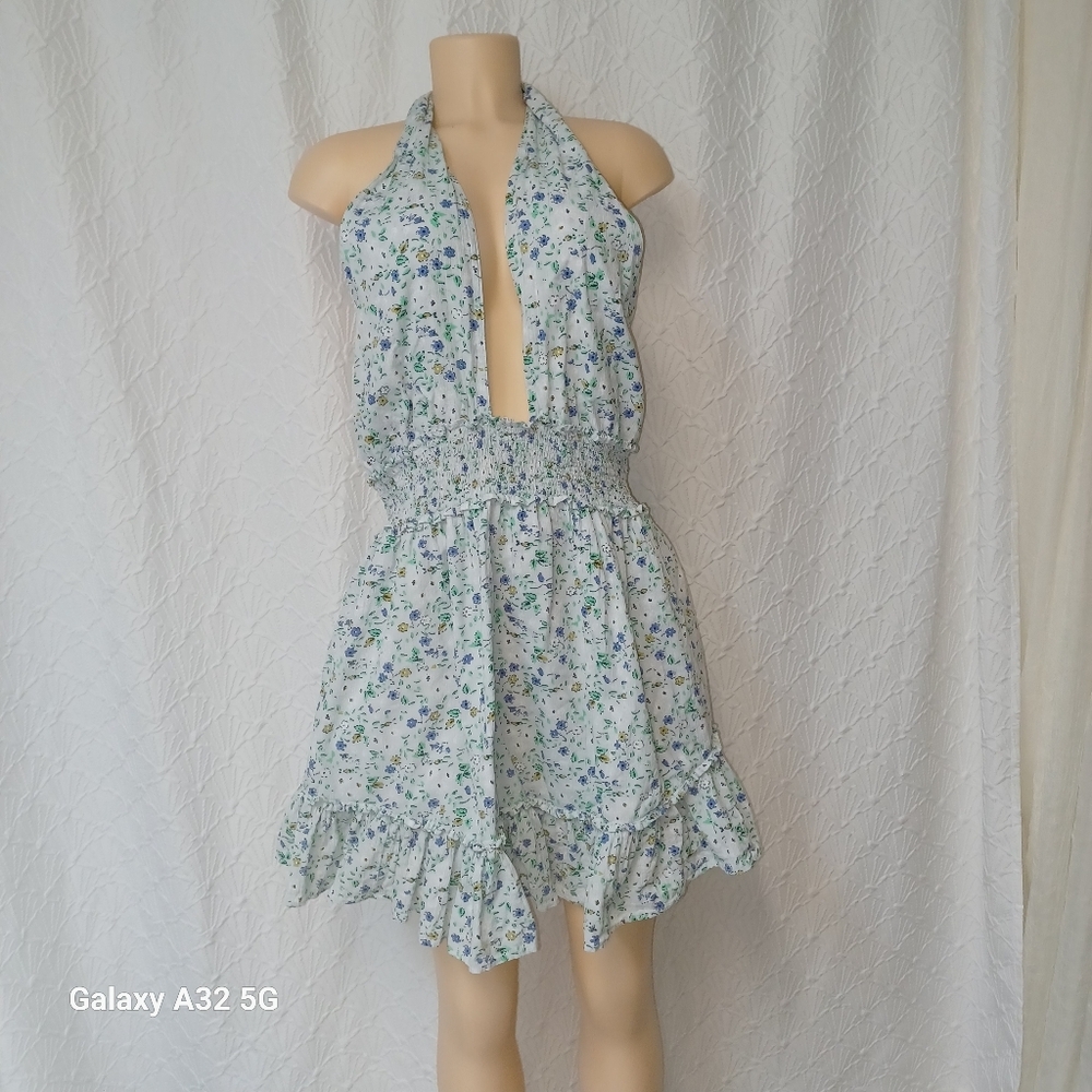 Aerie Women Dress Summer  Size L Blue Sequin Tiered Halter Dress